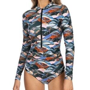 AXESEA Rash Guard One Piece Swimsuit Long Sleeve Zip Front Multicolor Size 10